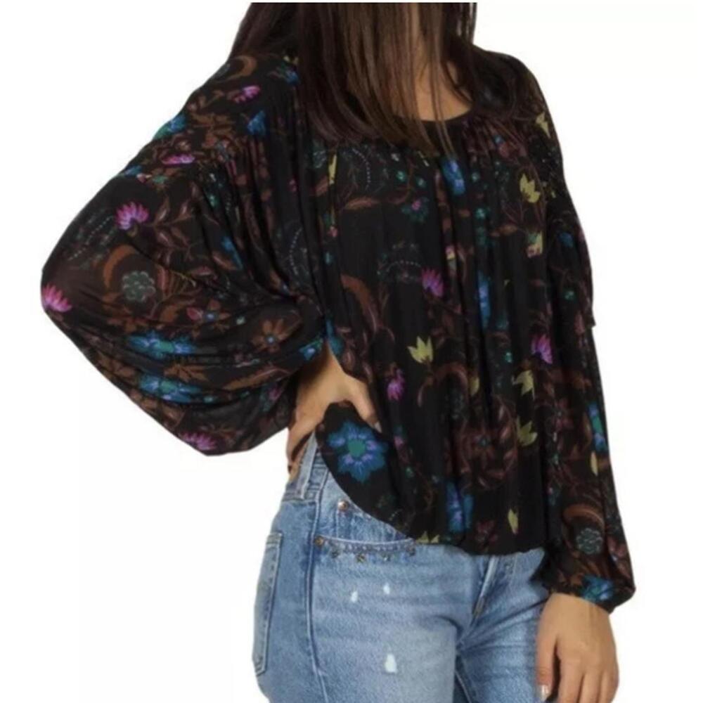 Free People Black Wildflower Honey Floral Print Mesh Lightweight Top - Size - XS